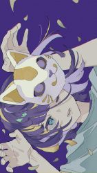 Rule 34 | 1girl, absurdres, aqua shirt, blue eyes, commentary request, fox mask, highres, looking at viewer, mask, mask on head, omutatsu, one eye closed, open mouth, petals, phony (cevio), purple background, purple hair, rabbit pose, shirt, short hair, short sleeves, sidelocks, sideways, slit pupils, solo, t-shirt, upper body