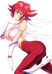 Rule 34 | 1girl, absurdres, arched back, armband, ass, bare shoulders, boots, breasts, center opening, cleavage, copyright name, cutie honey, cutie honey (character), earrings, elbow gloves, english text, gloves, green eyes, halcon, hand on own neck, heart, high heel boots, high heels, highres, jewelry, large breasts, looking at viewer, red hair, ribbon, short hair, simple background, skin tight, smile, solo, white background, white heels