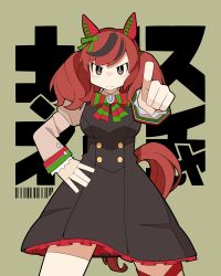 Rule 34 | 1girl, absurdres, animal ears, black dress, bow, bowtie, brown hair, commentary request, cowboy shot, dress, ear covers, frown, grey eyes, hand on own hip, highres, horse ears, horse girl, horse tail, index finger raised, long sleeves, looking at viewer, medium hair, multicolored hair, nice nature (umamusume), pinafore dress, pointing, pointing at viewer, shirt, sleeveless, sleeveless dress, solo, soulmaster uwu, streaked hair, striped bow, striped bowtie, striped clothes, tail, twintails, umamusume, white shirt