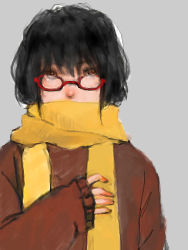 Rule 34 | 1girl, black hair, glasses, lowres, mo-mantai, original, red-framed eyewear, scarf, scarf over mouth, solo, sweater, yellow scarf