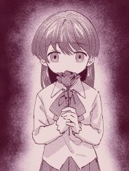 Rule 34 | 1girl, ascot, collared shirt, commentary, covered mouth, dot nose, flower, gradient background, halftone, hatching (texture), highres, holding, holding flower, ib (ib), ib (kouri), long hair, long sleeves, looking at viewer, mokemoke chan, monochrome, own hands together, rose, shirt, solo, upper body