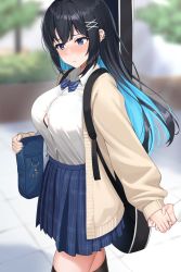 Rule 34 | 1girl, absurdres, bag, black bra, black hair, black thighhighs, blue bow, blue bowtie, blue eyes, blue hair, blue skirt, blurry, blurry background, blush, bow, bowtie, bra, bra peek, breasts, button gap, cardigan, closed mouth, collared shirt, colored inner hair, commentary, cowboy shot, day, diagonal-striped bow, diagonal-striped bowtie, diagonal-striped clothes, dress shirt, ear piercing, embarrassed, furrowed brow, guitar case, hair ornament, hairclip, highres, holding hands, instrument case, jewelry, large breasts, light blue hair, long hair, looking down, miniskirt, multicolored hair, mutenka (plfgb), open cardigan, open clothes, original, out of frame, outdoors, piercing, plaid, plaid skirt, pleated skirt, ring, school bag, shirt, shirt tucked in, skirt, solo focus, striped, striped clothes, thighhighs, two-tone hair, underwear, walking, wedding band, white shirt, wing collar, zettai ryouiki