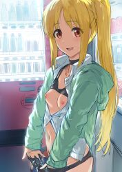 Rule 34 | 1girl, black bra, black panties, blonde hair, bocchi the rock!, bra, bra lift, breasts, brown eyes, collarbone, collared shirt, commentary request, cum, cum on clothes, green jacket, hews, highres, hood, hooded jacket, ijichi nijika, jacket, long hair, long sleeves, looking at viewer, navel, nipples, open clothes, open jacket, open mouth, outdoors, panties, panty pull, partially unbuttoned, public indecency, pulling own clothes, shirt, side ponytail, small breasts, solo, underwear, vending machine, white shirt