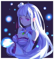 Rule 34 | 10s, 1girl, breasts, cleavage, closed mouth, cupping hands, detached sleeves, elf, emilia (re:zero), flower, frilled sleeves, frills, hair flower, hair ornament, light particles, long hair, long sleeves, looking at viewer, low-tied long hair, medium breasts, mto, own hands together, pointy ears, purple eyes, re:zero kara hajimeru isekai seikatsu, smile, solo, upper body, very long hair