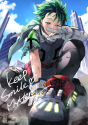 Rule 34 | 1boy, backlighting, belt, belt pouch, bloom, blue sky, blurry, blurry foreground, blush, bodysuit, boku no hero academia, buckle, building, city, cloud, colored eyelashes, covered mouth, cross-laced footwear, day, dirty, dirty clothes, dirty face, dust, dutch angle, english text, engrish text, floating clothes, floating hair, foreground text, foreshortening, freckles, full body, gloves, glowing, green bodysuit, green eyes, green hair, hand on ground, hand up, heart, highres, knee up, leaning forward, looking at viewer, male focus, midoriya izuku, narrowed eyes, on ground, outdoors, pixiv id, pixiv logo, pouch, ranguage, red belt, scratches, short hair, short sleeves, sky, smile, snap-fit buckle, solo, sparkle, torn bodysuit, torn clothes, torn sleeve, twitter logo, twitter username, typo, ume (326310), utility belt, v, v over mouth, white gloves, wind