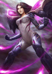 Rule 34 | 1girl, armor, artstation username, bodysuit, brown hair, cheesewoo, clenched hands, energy, energy wings, facial hair, feet out of frame, fighting stance, firing, floating hair, highres, kai&#039;sa, league of legends, long hair, parted lips, purple eyes, shoulder armor, smile, solo, teeth