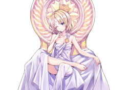 Rule 34 | 1girl, ;), bare shoulders, barefoot, bindi, blonde hair, blue eyes, blush, breasts, buddhism, butsuzou collection, cleavage, crown, earrings, facial mark, forehead mark, hankafumisage, hankashii, highres, jewelry, looking at viewer, matsuryuu, one eye closed, original, robe, short hair, sitting, small breasts, smile, solo