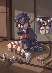 Rule 34 | 1girl, absurdres, animal ears, armpits, arms behind head, arms up, ball gag, bdsm, black hair, bondage, bound, bound arms, bound legs, breasts, commentary request, commission, cuffs, full body, gag, gagged, harness gag, highres, indoors, kuon (utawarerumono), long hair, low-tied long hair, medium breasts, nero augustus, restrained, rope, sash, second-party source, shackles, shibari, shibari over clothes, shoes, sideboob, socks, solo, sweat, tabi, tail, unworn shoes, utawarerumono, utawarerumono: itsuwari no kamen, white socks