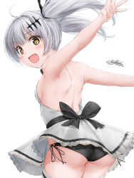 Rule 34 | 1girl, aged down, ass, backless dress, backless outfit, blush, breasts, dress, five-seven (adventures of fenfen) (girls&#039; frontline), five-seven (girls&#039; frontline), from side, girls&#039; frontline, head tilt, highres, official alternate costume, open mouth, panties, pantyshot, side-tie panties, simple background, skindentation, small breasts, smile, solo, thighhighs, thighs, twintails, underwear, white background, white hair, yellow eyes, yukinoshiro