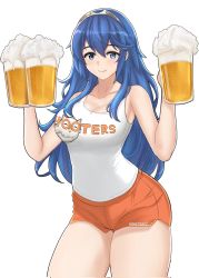Rule 34 | 1girl, alcohol, alternate breast size, alternate costume, beer, beer mug, blouse, blue eyes, blue hair, breasts, cleavage, cup, desspie, employee uniform, fast food uniform, fire emblem, fire emblem awakening, highres, hooters, long hair, looking at viewer, lucina (fire emblem), medium breasts, mug, nintendo, orange shorts, shirt, shorts, simple background, smile, solo, symbol-shaped pupils, thighhighs, tiara, uniform, white background, white shirt