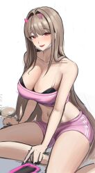 1girl :d absurdres bare_shoulders black_bra blush bodam bra breasts brown_hair cellphone cleavage collarbone goddess_of_victory:_nikke highres horns large_breasts long_hair looking_at_viewer mask mask_pull mouth_mask navel open_mouth phone pink_horns pink_shorts pink_sports_bra red_eyes shorts sitting smartphone smile solo sports_bra underwear viper_(nikke) white_mask