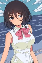 Rule 34 | 1girl, bare shoulders, blue sky, blush, bow, breasts, brown eyes, brown hair, cloud, commentary request, day, hair between eyes, hinomaru (futagun), horizon, medium breasts, ocean, original, outdoors, red bow, shirt, sky, sleeveless, sleeveless shirt, solo, upper body, water, white shirt