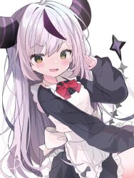 Rule 34 | 1girl, ahoge, alternate costume, black horns, braid, braided bangs, enmaided, fang, grey hair, highres, hololive, horns, la+ darknesss, long hair, maid, multicolored hair, nocchi (r ws2l), pointy ears, purple hair, skin fang, smile, solo, streaked hair, striped horns, virtual youtuber, yellow eyes