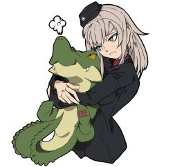 Rule 34 | 10s, 1girl, alligator, black hat, black jacket, blue eyes, closed mouth, commentary request, crocodilian, cropped torso, dress shirt, frown, garrison cap, girls und panzer, hat, head tilt, holding, holding stuffed toy, hug, itsumi erika, jacket, kuromorimine military uniform, long hair, long sleeves, military, military hat, military uniform, puff of air, red shirt, shirt, silver hair, simple background, solo, standing, stuffed animal, stuffed toy, uniform, upper body, wani02, white background