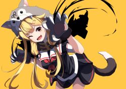 Rule 34 | 1girl, adapted costume, animal hands, black ribbon, black serafuku, black skirt, blonde hair, claws, cowboy shot, dress, gloves, hair flaps, hair ornament, hair ribbon, hairclip, kantai collection, leaning forward, long hair, neckerchief, official alternate costume, paw gloves, pleated dress, red eyes, red neckerchief, ribbon, school uniform, serafuku, skirt, solo, tail, totoraisu, two-tone background, wolf hood, wolf tail, yellow background, yuudachi (kancolle), yuudachi kai ni (kancolle)