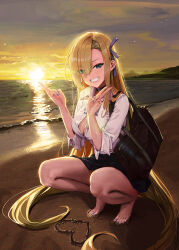 Rule 34 | 1girl, absurdly long hair, absurdres, asuna (blue archive), bare legs, barefoot, beach, black choker, black skirt, blonde hair, blue archive, blue eyes, blue nails, blue ribbon, breasts, brown bag, carrying bag, choker, collared shirt, commentary request, double v, dress shirt, eyes visible through hair, fieryonion, full body, grin, hair over one eye, hair ribbon, heart, highres, large breasts, long hair, looking at viewer, miniskirt, nail polish, outdoors, partially unbuttoned, pleated skirt, ribbon, sand, school uniform, shirt, shirt partially tucked in, skirt, sleeves rolled up, smile, solo, squatting, tiptoes, toenail polish, toenails, toes, v, very long hair, water, white shirt