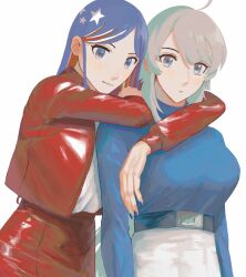 Rule 34 | 2girls, ahoge, alternate costume, arm around neck, blue hair, blue nails, blue sweater, breasts, closed mouth, grey hair, highres, jacket, kantai collection, large breasts, long hair, long sleeves, looking at viewer, multicolored hair, multiple girls, nail polish, nidou, red hair, red jacket, simple background, south dakota (kancolle), star (symbol), sweater, washington (kancolle), white background, white hair
