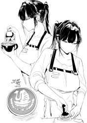 Rule 34 | 1girl, absurdres, apron, bow, breasts, coffee, collarbone, cup, hair bow, hair intakes, highres, large breasts, long hair, looking down, lynus, milk, monochrome, naoko-san, original, ponytail, profile, solo