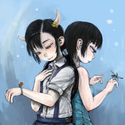 Rule 34 | 2girls, back-to-back, bare arms, bare shoulders, black hair, blue background, blue dress, bug, closed mouth, collared shirt, commentary request, cyclops, dragonfly, dress, dress shirt, ebimomo, flower, hair flower, hair ornament, hand on own chest, hand up, highres, horns, bug, insect on finger, ladybug, low twintails, multiple girls, one-eyed, original, purple eyes, shirt, short sleeves, skirt, smile, suspender skirt, suspenders, twintails, white shirt, wing collar, yellow flower