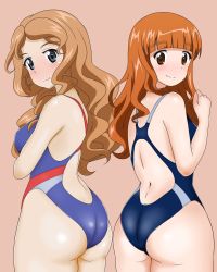 Rule 34 | 2girls, ass, back, backless swimsuit, black one-piece swimsuit, blue eyes, blue one-piece swimsuit, blunt bangs, blush, commentary, competition swimsuit, from behind, girls und panzer, gogopaint, highleg, highleg swimsuit, highres, isabe (girls und panzer), long hair, looking at viewer, looking back, multiple girls, one-piece swimsuit, open mouth, orange eyes, orange hair, side-by-side, simple background, smile, standing, swimsuit, takebe saori, wavy hair