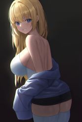 Rule 34 | 1girl, absurdres, ass, back, backless outfit, backlighting, bare shoulders, black background, black skirt, blonde hair, blue eyes, blue jacket, breasts, cowboy shot, from behind, grin, highres, jacket, large breasts, leaning forward, long hair, long sleeves, looking at viewer, looking back, microskirt, off shoulder, original, pucohiiiii, shirt, simple background, skirt, sleeveless, sleeveless shirt, sleeves past fingers, sleeves past wrists, smile, solo, standing, thighhighs, thighs, white shirt, white thighhighs, zettai ryouiki