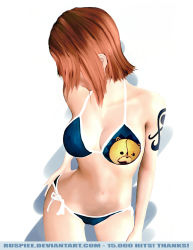 Rule 34 | 00s, 1girl, 3d, bikini, bleach, breasts, cleavage, crossover, female focus, hair over face, kon (bleach), large breasts, nami (one piece), one piece, orange hair, short hair, side-tie bikini bottom, simple background, solo, swimsuit, tattoo