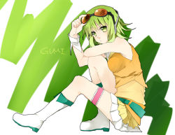 Rule 34 | 1girl, akatsuki (hinaoto), bad id, bad pixiv id, bare shoulders, boots, breasts, goggles, goggles on head, green eyes, green hair, gumi, headphones, knees to chest, bridal garter, hugging own legs, matching hair/eyes, pleated skirt, short hair, sitting, skirt, solo, vocaloid