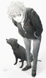 Rule 34 | 1boy, backpack, bad id, bad pixiv id, bag, collar, curly hair, dated, dog, eyelashes, flag, full body, german flag, grey hair, hands in pockets, long sleeves, looking away, looking to the side, male focus, original, shoes, signature, simple background, sneakers, solo, teyuruun