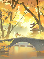 Rule 34 | 1girl, absurdres, animal, architecture, autumn, autumn leaves, black hair, bridge, copyright request, east asian architecture, forest, from side, highres, long sleeves, nature, outdoors, pagoda, ponytail, red ribbon, ribbon, riding, river, robe, stone, tiger, tree, updo, water, xiang wan wei wan