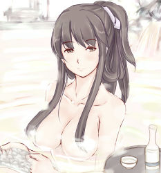 Rule 34 | 10s, 1girl, akagi (kancolle), bathing, black eyes, black hair, breasts, collarbone, convenient censoring, hair censor, hair up, highres, kantai collection, large breasts, light smile, looking at viewer, nude, sitting, sketch, solo, steam, steam censor, ten ryuu sadaaki, upper body, water