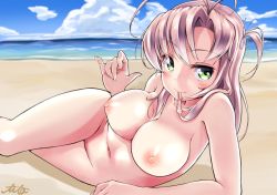 Rule 34 | 10s, 1girl, beach, blush, breasts, cleavage, cloud, condom, female pubic hair, green eyes, highres, horizon, kantai collection, kinugasa (kancolle), looking at viewer, lying, mouth hold, navel, nipples, nude, on side, pink hair, pubic hair, smile, soba chatarou (tita), solo, water