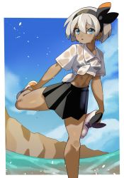 Rule 34 | 1girl, :o, bea (pokemon), black hairband, black skirt, blue eyes, blush, cloud, collared shirt, commentary request, creatures (company), dark-skinned female, dark skin, day, eyelashes, game freak, grey hair, hair between eyes, hairband, highres, holding, holding clothes, holding footwear, katwo, knees, looking at viewer, nintendo, outdoors, pokemon, pokemon swsh, shirt, shoes, short hair, short sleeves, skirt, sky, solo, standing, standing on one leg, tied shirt, unworn shoe, unworn shoes, wet, wet clothes, wet shirt, white shirt
