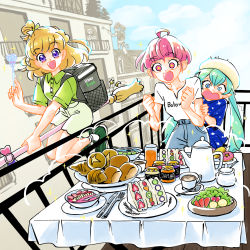 Rule 34 | + +, ahoge, aqua hair, asahina mirai, aura, balcony, beret, blonde hair, blouse, blue eyes, blunt bangs, bread, broom, broom riding, building, butter knife, cake, cappuccino, city, cityscape, cloud, cloudy sky, coffee, coffee cup, croissant, cup, day, delivery, denim, disposable cup, doughnut, drinking glass, food, food art, fork, fruit, glass, hat, heart, heart-shaped mouth, holding, holding wand, izayoi liko, jam, jeans, juice, kettle, knife, latte art, lemon, lemon slice, long hair, mahou girls precure!, outdoors, panicking, pants, pink eyes, pink hair, plate, pointy ears, precure, purple eyes, railing, salad, saucer, shirt, short hair, shorts, sky, sparkle, spoon, star (symbol), star print, star twinkle precure, symbol-shaped pupils, t-shirt, table, tablecloth, teaspoon, tomato, ton (ton39342104), uber eats, wand