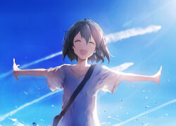 Rule 34 | 1girl, ^ ^, bag, black hair, blue sky, bob cut, closed eyes, commentary, contrail, day, english commentary, facing viewer, hair between eyes, highres, kaisei (vocaloid), mixed-language commentary, open mouth, outdoors, outstretched arms, shirt, short hair, short sleeves, shoulder bag, sishenfan, sky, smile, solo, spread arms, t-shirt, upper body, v-neck, white shirt
