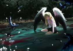 Rule 34 | 1girl, absurdres, angel wings, arm support, barefoot, bird, black feathers, black skirt, blonde hair, blood, blood in water, blurry, blurry background, closed mouth, commentary, commission, crow, crying, crying with eyes open, english commentary, eudetenis, feathered wings, feathers, highres, hoshino ai (oshi no ko), hoshino ruby, long hair, long sleeves, looking at viewer, one side up, oshi no ko, outdoors, partially submerged, petals, pink eyes, river, second-party source, shirt, sidelocks, sitting, skirt, solo, spoilers, star-shaped pupils, star (symbol), symbol-shaped pupils, tears, tree, variant set, water, white shirt, wings