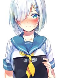 Rule 34 | 10s, 1girl, blue eyes, blush, clipboard, collarbone, fingernails, fuji fujino, hair ornament, hair over one eye, hairclip, hamakaze (kancolle), holding, kantai collection, looking at viewer, neckerchief, nose blush, ribbon, sailor collar, school uniform, serafuku, short hair, short sleeves, silver hair, simple background, sleeve cuffs, sleeves rolled up, smile, solo, tareme, upper body, wavy mouth, white background, yellow neckerchief, yellow ribbon