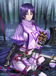 Rule 34 | 1girl, arm guards, armor, arrow (projectile), bamboo, bamboo forest, belt, between fingers, black gloves, bodysuit, bow (weapon), breasts, fate/grand order, fate (series), fingerless gloves, floral print, forest, gloves, hair between eyes, high collar, highres, holding, holding arrow, holding bow (weapon), holding weapon, japanese armor, kote, large breasts, long hair, looking at viewer, minamoto no raikou (fate), nature, outdoors, parted bangs, purple bodysuit, purple eyes, purple hair, ribbed sleeves, rope, shigure s, sidelocks, smile, solo, squatting, straight hair, tabard, tassel, turtleneck, weapon