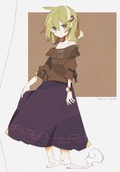 Rule 34 | 1girl, alternate costume, bad id, bad pixiv id, black skirt, blush, casual, character name, contemporary, full body, ghost tail, green eyes, green hair, green shirt, hair ornament, hairclip, hatsushiro mamimu, highres, looking at viewer, off-shoulder shirt, off shoulder, polka dot, polka dot background, shirt, short hair, skirt, smile, soga no tojiko, solo, touhou, watch, wristwatch