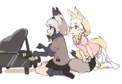 Rule 34 | 2girls, :o, animal ears, arm support, bat-eared fox (kemono friends), black bow, black eyes, black footwear, black skirt, blonde hair, blush stickers, bow, bowtie, brown shirt, closed mouth, extra ears, eyes visible through hair, fennec (kemono friends), fox ears, fox girl, fox tail, from side, full body, fur-trimmed legwear, fur-trimmed sleeves, fur trim, furrowed brow, gloves, grand piano, grey bow, grey bowtie, grey gloves, grey hair, grey legwear, hair between eyes, hands up, instrument, japari symbol, japari symbol print, kemono friends, kneehighs, leaning forward, loafers, looking away, mini piano, miniskirt, multicolored hair, multiple girls, music, parted lips, piano, pink sweater, playing instrument, playing piano, pleated skirt, profile, puffy short sleeves, puffy sleeves, rumenia (ao2is), shirt, shoes, short-sleeved sweater, short hair, short sleeves, sideways mouth, simple background, sitting, sketch, skirt, smile, socks, sweater, tail, wariza, white background, white footwear, white gloves, white hair, white skirt, yellow bow, yellow bowtie