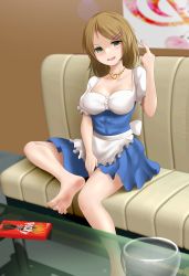 Rule 34 | 1girl, absurdres, ashizeme trio, barefoot, beckoning, blush, breasts, couch, feet, female focus, female sole, food, green eyes, hair ornament, hairclip, highres, jewelry, light brown hair, long hair, looking at viewer, necklace, open mouth, pocky, sitting, smile, soles, solo, table, toes, triogalfan