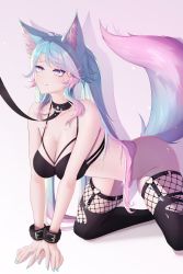 Rule 34 | 1girl, absurdres, animal ear fluff, animal ears, bikini, black bikini, black collar, black thighhighs, blue hair, blue nails, breasts, cleavage, collar, commentary, criss-cross halter, english commentary, halterneck, highres, large breasts, leash, long hair, looking at viewer, multicolored hair, nail polish, no panties, pink hair, silvervale, streaked hair, swept bangs, swimsuit, tail, thaigermane, thighhighs, virtual youtuber, vshojo, wolf ears, wolf girl, wolf tail