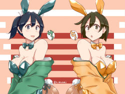 Rule 34 | 2girls, adapted costume, akai akasaki, alternate costume, animal ears, blue hair, bow, bowtie, breasts, brown legwear, rabbit ears, rabbit tail, cleavage, detached collar, fake animal ears, green leotard, hair ribbon, hiryuu (kancolle), japanese clothes, kantai collection, kimono, large breasts, leotard, multiple girls, open mouth, pantyhose, playboy bunny, ribbon, side ponytail, smile, souryuu (kancolle), strapless, strapless leotard, striped, striped background, tail, twintails, twitter username, wrist cuffs, yellow leotard