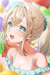 Rule 34 | 1girl, absurdres, bare shoulders, blonde hair, blue shirt, breasts, cleavage, highres, hololive, holox, kazama iroha, landl, looking at viewer, open mouth, ponytail, shirt, small breasts, smile, solo, virtual youtuber