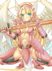 Rule 34 | 1girl, armor, bad id, bad pixiv id, black thighhighs, blonde hair, breasts, gauntlets, green eyes, highres, kukkumann, large breasts, long hair, looking at viewer, minerva (p&amp;d), navel, no pants, pauldrons, puzzle &amp; dragons, shoulder armor, solo, sword, thighhighs, weapon
