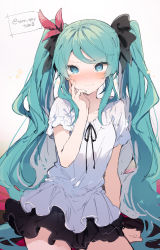 Rule 34 | 1girl, artist name, black ribbon, blush, contrapposto, hatsune miku, highres, ikeuchi tanuma, long hair, looking at viewer, nail polish, nose blush, ribbon, simple background, sitting, solo, twintails, v-shaped eyebrows, very long hair, vocaloid, white background
