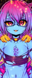 Rule 34 | 1girl, @ @, bad id, bad twitter id, blue skin, colored sclera, colored skin, cteno (slugbox), fang, flat chest, glasses, highres, looking at viewer, monster girl, navel, open mouth, original, pink eyes, pink hair, semi-rimless eyewear, shiny skin, shirt, short hair, slugbox, solo, spiked tail, sweat, tail, torn clothes, torn shirt, upper body, yellow sclera