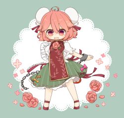 Rule 34 | 1girl, ahoge, antenna hair, bandages, blush, chain, chibi, cuffs, double bun, fang, flower, green skirt, hair bun, ibaraki kasen, legs apart, looking at viewer, one-hour drawing challenge, open mouth, pink eyes, pink flower, pink hair, pink rose, puffy short sleeves, puffy sleeves, rose, shackles, short hair, short sleeves, simple background, skirt, solo, touhou, v-shaped eyebrows, yaco (nuitnotte)