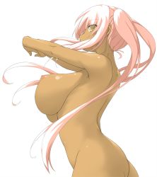 Rule 34 | 1girl, breasts, dark-skinned female, dark skin, female focus, highres, huge breasts, long hair, long twintails, looking at viewer, looking back, nipples, nude, original, papino, perky breasts, pink hair, profile, simple background, solo, standing, tan, twintails, upper body, white background, yellow eyes