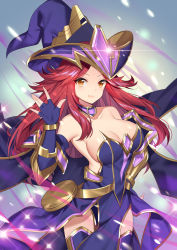 Rule 34 | 1girl, \||/, bare shoulders, bracer, breasts, choker, cleavage, collarbone, cowboy shot, detached sleeves, duel monster, elbow gloves, fingerless gloves, glint, gloves, gold trim, hand on own hip, hand up, hat, highres, kikistark, large breasts, long hair, open mouth, orange eyes, purple gloves, red hair, sideboob, solo, summon sorceress, witch hat, yu-gi-oh!
