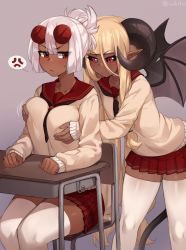 Rule 34 | 2girls, anger vein, artist name, black sclera, blonde hair, blunt bangs, grabbing another&#039;s breast, breasts, chair, collarbone, colored sclera, commentary, commission, copyright request, curled horns, dark-skinned female, dark skin, demon girl, demon wings, desk, english commentary, frown, grabbing, grabbing from behind, grey background, hair between eyes, hair bun, highres, horns, iwbitu, large breasts, long hair, long sleeves, multiple girls, pleated skirt, pointy ears, red eyes, red sailor collar, red skirt, sailor collar, school desk, school uniform, simple background, single hair bun, sitting, skirt, sleeves past wrists, sweatdrop, tail, thighhighs, twitter username, white hair, white legwear, wings, zettai ryouiki